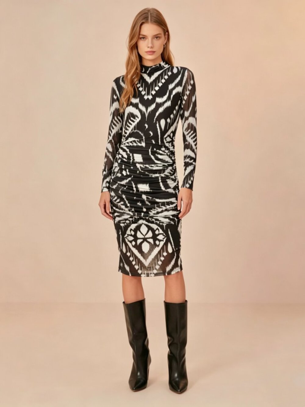 NWOT Farm Rio Pineapple Ikat Tulle Midi Dress Long Sleeves Size M Black White - Picture 2 of 13